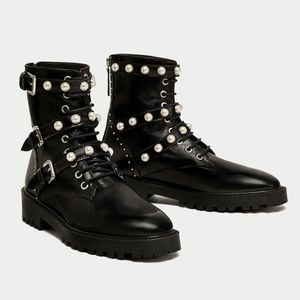 Zara Pearl Studded Leather Boots